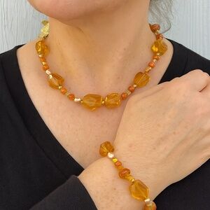 Vintage Acrylic Necklace Bracelet set Chunky Amber color faceted beads